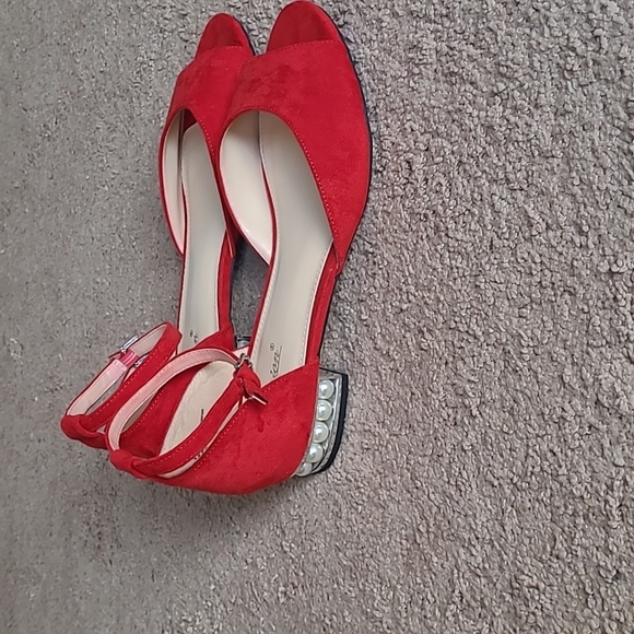 Shoes - DUNION Alina Pearl Embellished Low Heel Sandals 9.5 Red